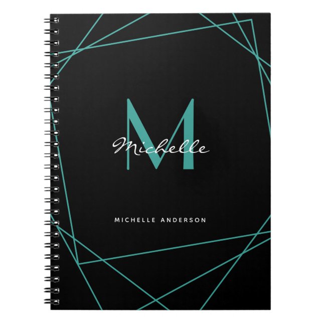 Modern Black Teal Monogram Namn-initialskript Anteckningsbok (Framsidan)