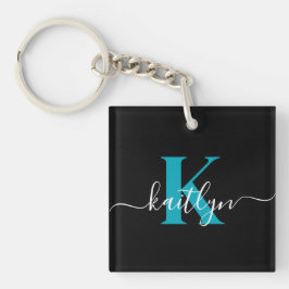 Modern Black Teal Script Monogram