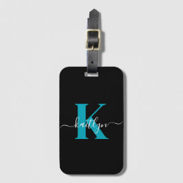 Modern Black Teal Script Monogram Bagagebricka