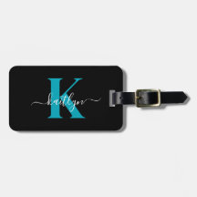 Modern Black Teal Script Monogram