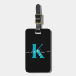 Modern Black Teal Script Monogram Bagagebricka