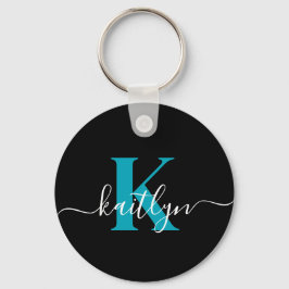 Modern Black Teal Script Monogram Nyckelring