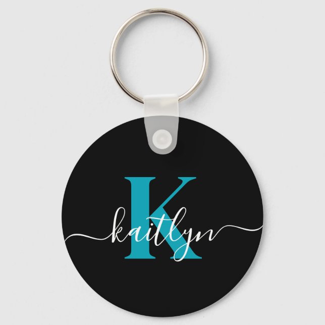 Modern Black Teal Script Monogram Nyckelring (Framsida)