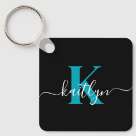 Modern Black Teal Script Monogram Nyckelring