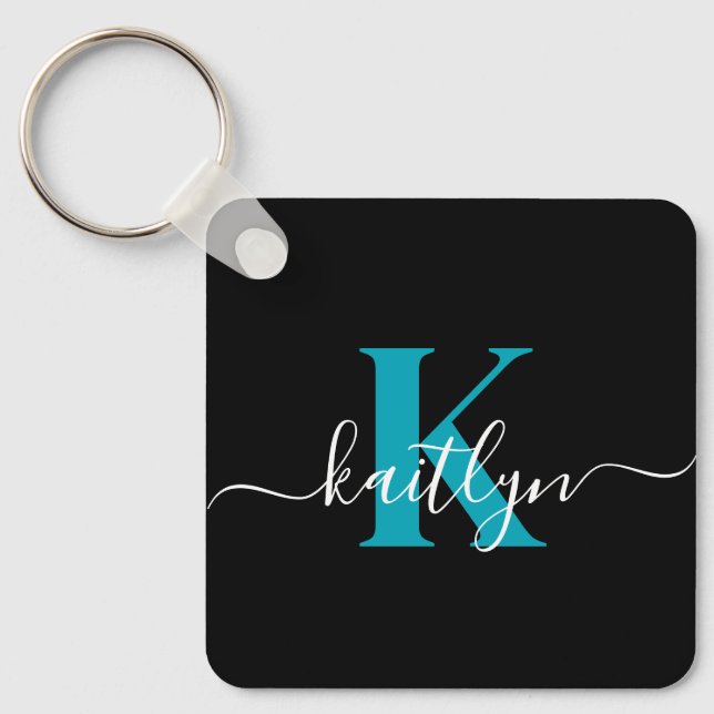 Modern Black Teal Script Monogram Nyckelring (Framsida)