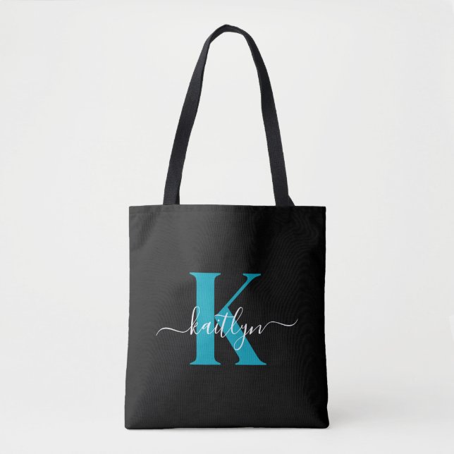 Modern Black Teal Script Monogram Tygkasse (Framsida)