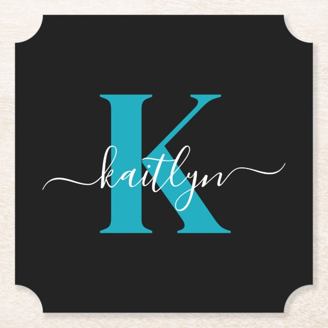 Modern Black Teal Script Monogram Underlägg Papper (Framsida)