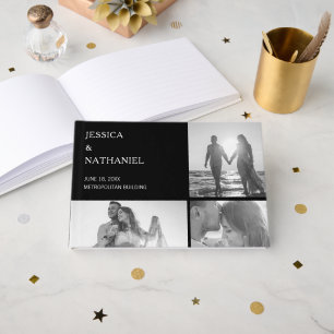 Modern Black Three Photo Collage Bröllop Gästböcker