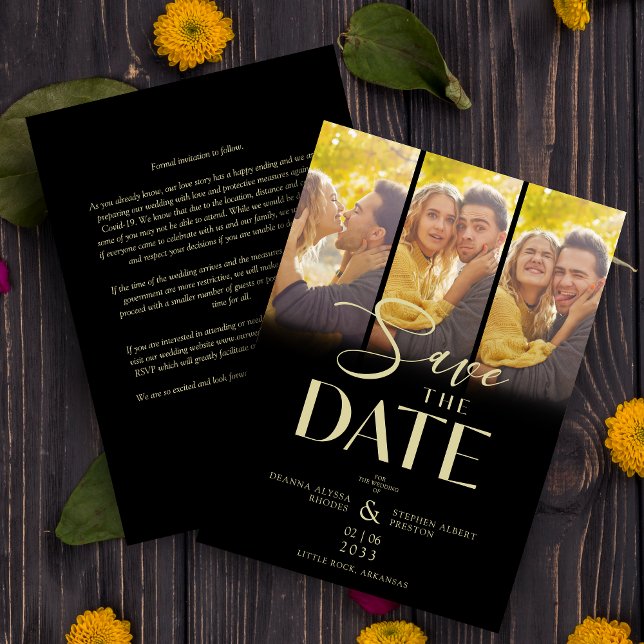 Modern Black Trendy Collage Wedding 3 Photos Spara Datumet (Modern Black Trendy Collage Wedding 3 Photos Save the Date with Envelope. )