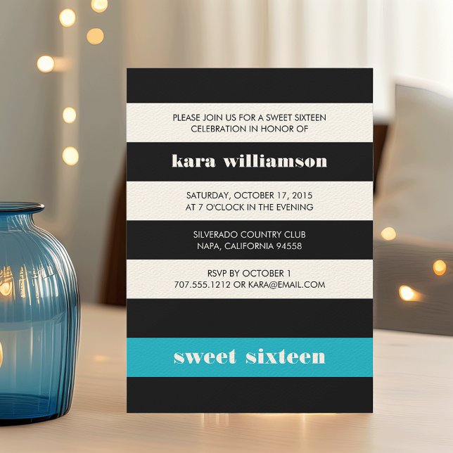 Modern Black & Turcos Rand Sweet sixteen Inbjudningar (Skapare uppladdad)
