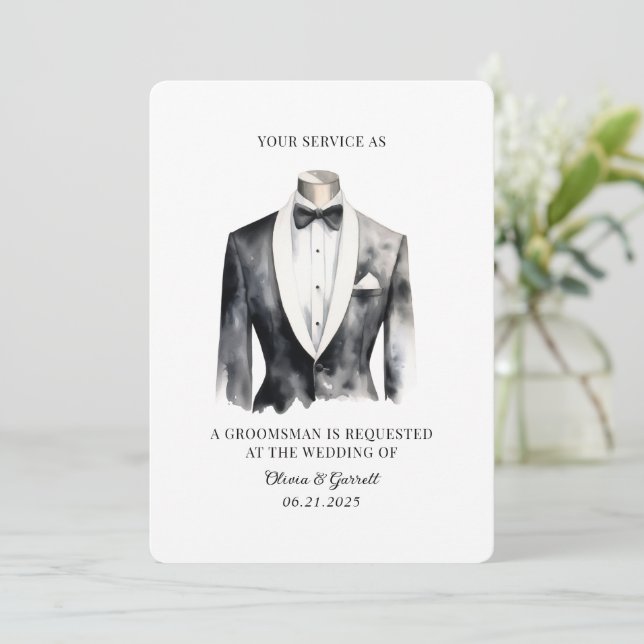 Modern Black Tuxedo Watercolor Groomsman Card Inbjudningar (Stående Fram)