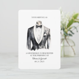 Modern Black Tuxedo Watercolor Groomsman Card Inbjudningar