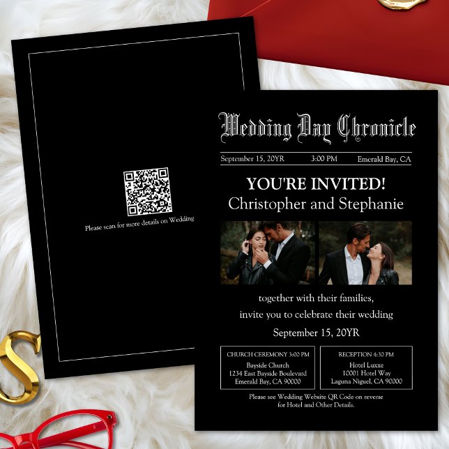 Modern Black Two Photo QR Code Newspaper Bröllop Inbjudningar (Personalized Classic Newspaper Style QR Code Black Wedding Invitation)