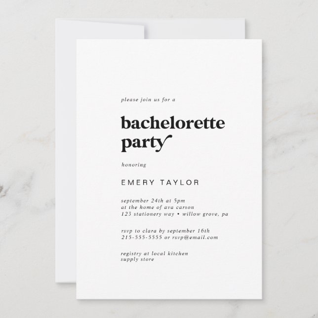 Modern Black Typography Bachelorette Party Inbjudningar (Framsida)