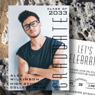 Modern Black Typography Chic Guy Photo Studenten Inbjudningar