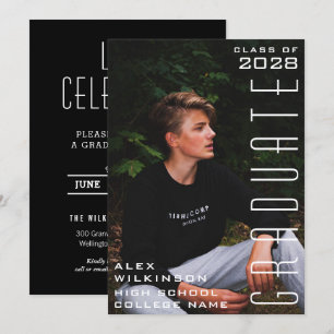 Modern Black Typography Chic Photo Studenten Inbjudningar
