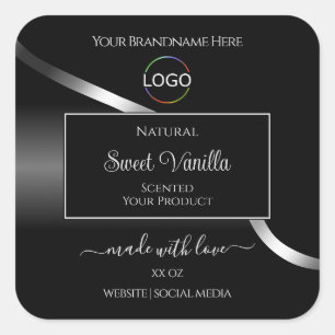 Modern Black Vågigt Silver med Logotyp produktetik Fyrkantigt Klistermärke