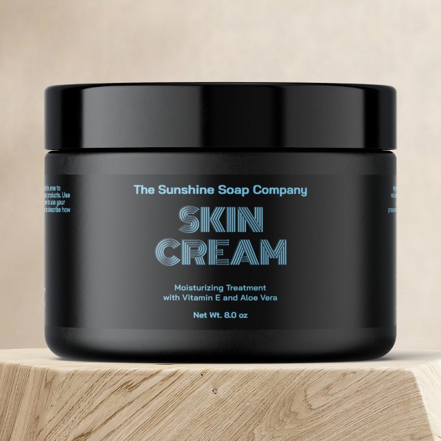 Modern Black w Blue Grått Text Cosmetics Burk-etik Vattenflaska Etikett (Skapare uppladdad)