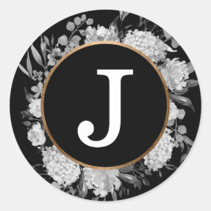 Modern Black Watercolor Blommigt Monogram Faux Gul Runt Klistermärke