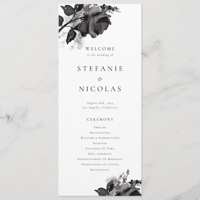 Modern Black Watercolor Ro Blommigt Bröllop Program (Framsida)