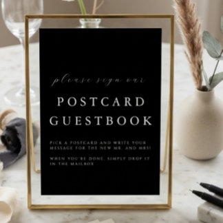 Modern Black Wedding Postcard Guestbook Sign Kort