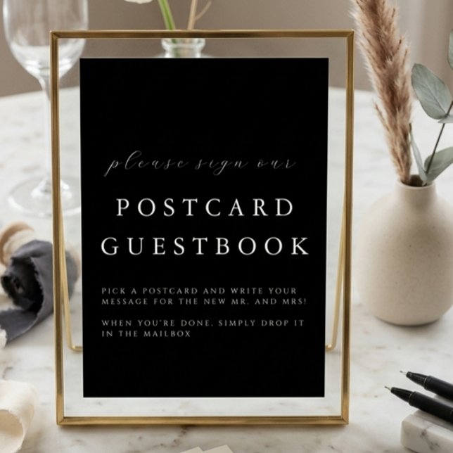 Modern Black Wedding Postcard Guestbook Sign Kort (Skapare uppladdad)