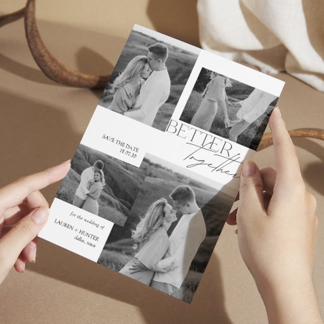 Modern Black & White 4 Photo Typography Bröllop Spara Datumet (Skapare uppladdad)