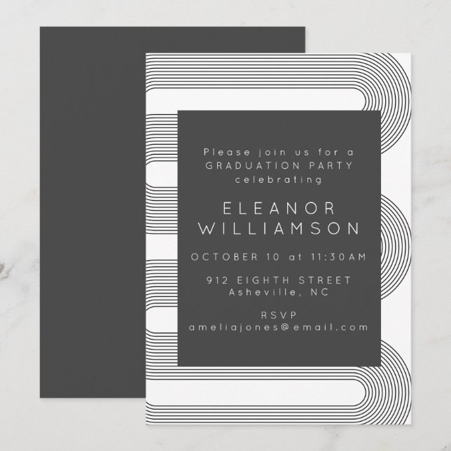Modern Black White Abstrakt Line-Studentfest Inbjudningar (Fram/baksida)