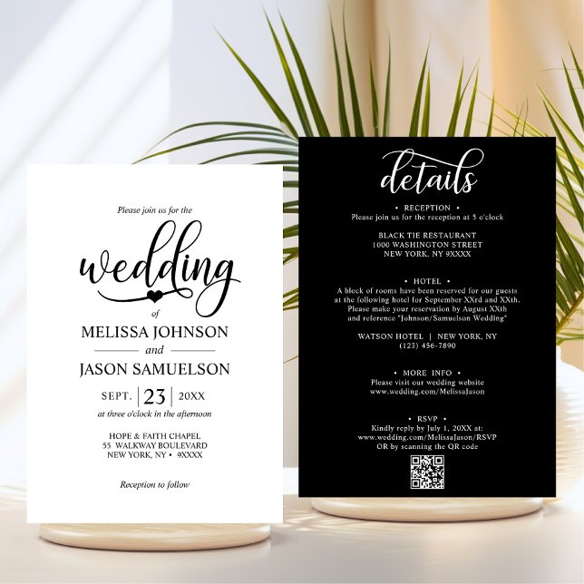 Modern Black White ALL IN ONE Bröllop + QR-kod Inbjudningar (Modern Black White ALL IN ONE Wedding + QR code Invitation | Details, Information, RSVP, Hotel)