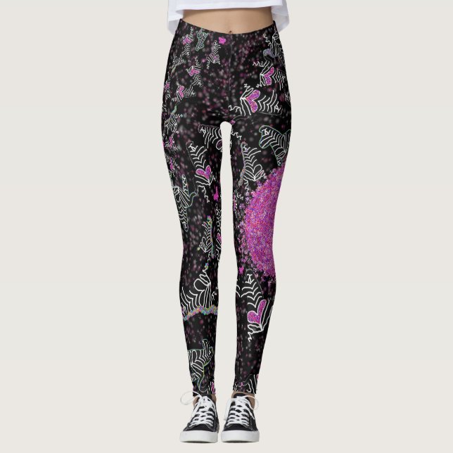 Modern black white and pink disco zebra leggings (Framsida)