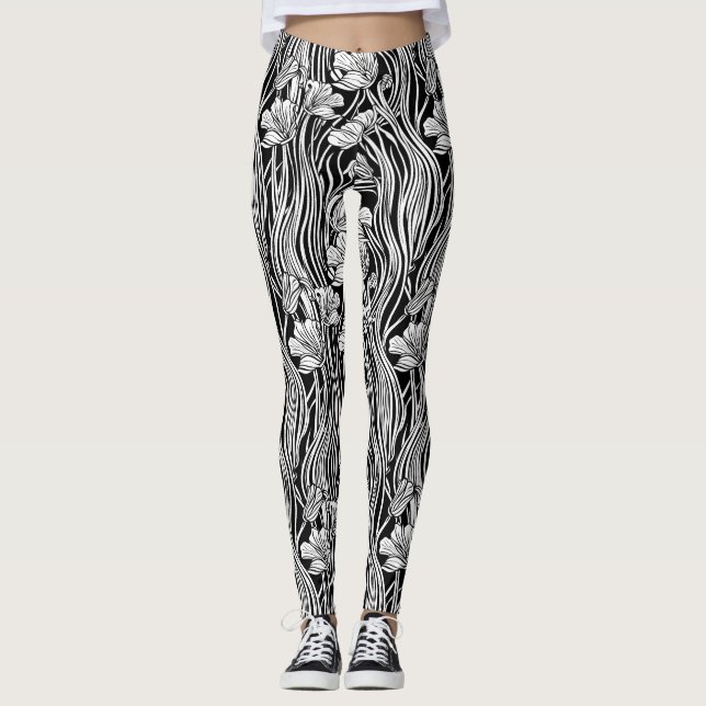 Modern Black White Art nouveau Designer Leggings (Framsida)