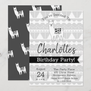 Modern Black & White Aztec Llama Birthday Inbjudningar
