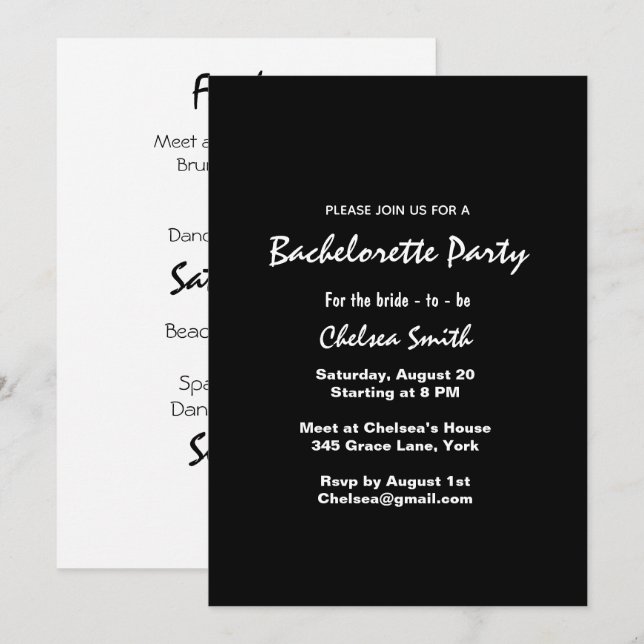 Modern Black & White Bachelorette Party Itinerary Inbjudningar (Fram/baksida)