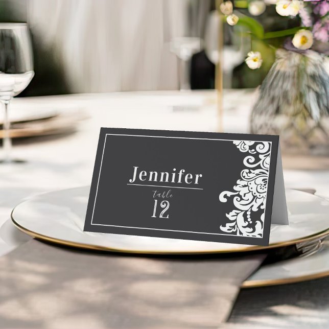 Modern Black & White Blommigt Damask Wedding Bord Placeringskort (modern and elegant black and white floral damask wedding name card seating place card)