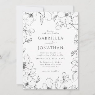 Modern Black White Blommigt Line Art Bröllop Inbjudningar