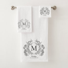 Modern Black White Blommigt Vapensköld Initial Mon