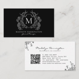Modern Black White Blommigt Vapensköld Monogram QR Visitkort