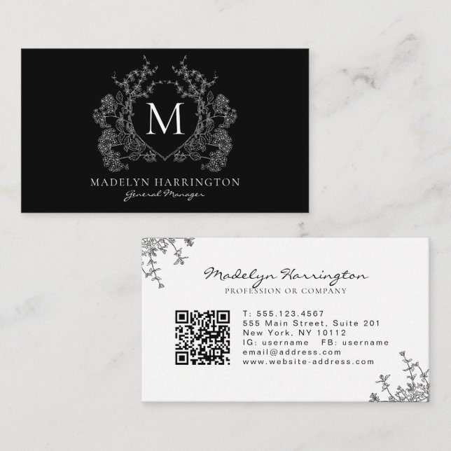 Modern Black White Blommigt Vapensköld Monogram QR Visitkort (Fram/baksida)
