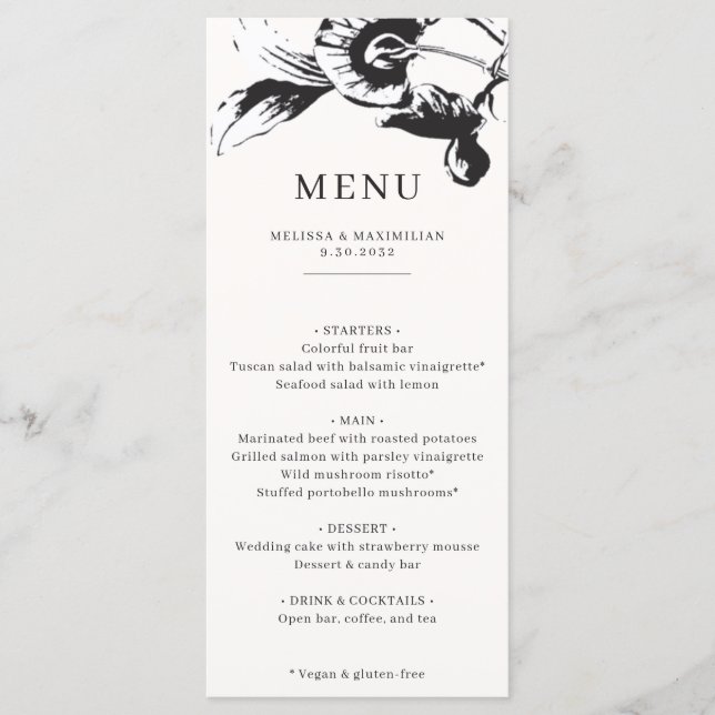 Modern Black & White-blommor chic Bröllop Menu Meny (Framsida)