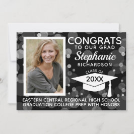 Modern Black White Bokeh Bubbles Photo Studenten Inbjudningar