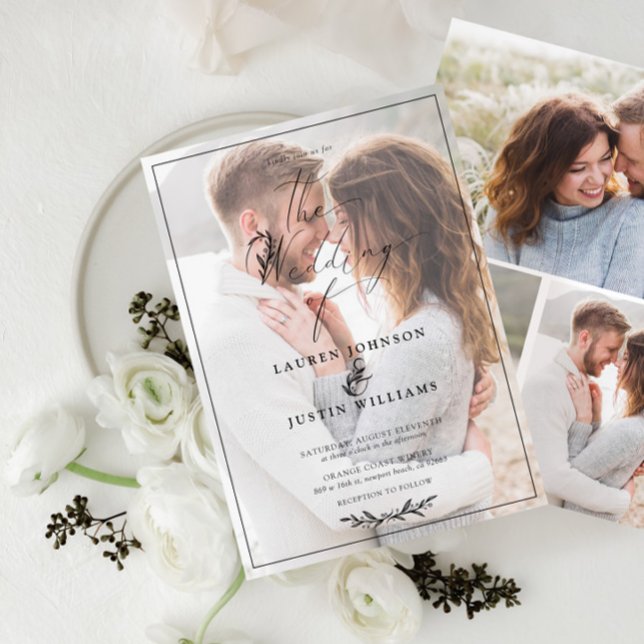 Modern Black White Botanical Script Vellum 4 Photo Inbjudningar (Skapare uppladdad)