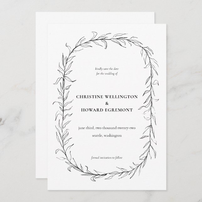 Modern Black White Botanical Wand Bröllop Spara Datumet (Fram/baksida)