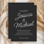 Modern Black White Bröllop Inbjudningar<br><div class="desc">Gör ett fet påstående med den här klassiska svarta bröllopsinbjudan med ett elegant modernt skript för layout och elegant. Kontrasten av skarp vit text på en rik svart bakgrund ger tidlös sofistikering, perfekt för formellt bröllop, svartvita evenemang eller kvällsceremonier. Med en ren utformning och contemporary är den här inbjudan enkel...</div>