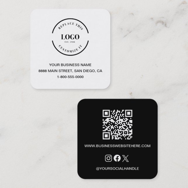 Modern Black White Business Branding QR code Fyrkantigt Visitkort (Fram/baksida)