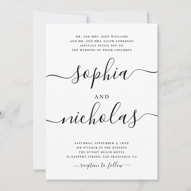 Modern Black & White Calligraphy Bröllop - Elegant Inbjudningar (Framsida)