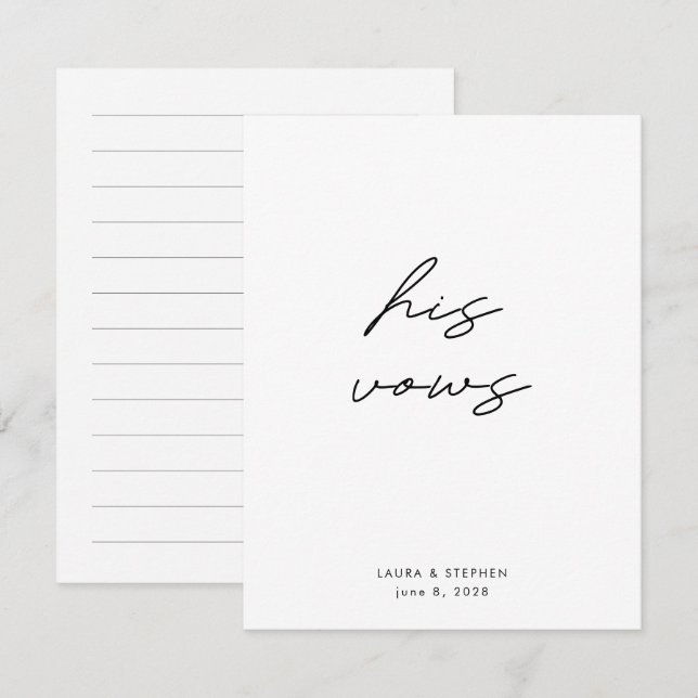 Modern Black White Calligraphy Bröllop Hans Vows (Fram/baksida)