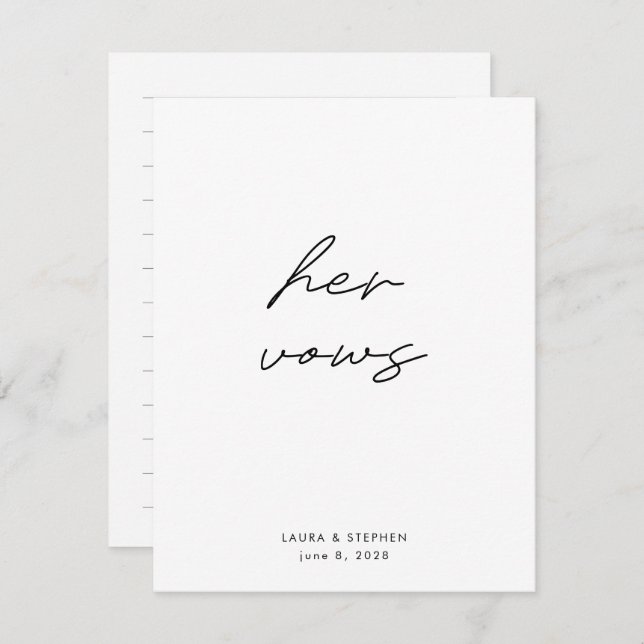 Modern Black White Calligraphy Bröllop her Vows (Fram/baksida)