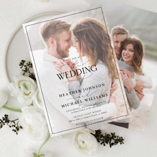 Modern Black White Calligraphy Faux Vellum 2 Photo Inbjudningar (Skapare uppladdad)