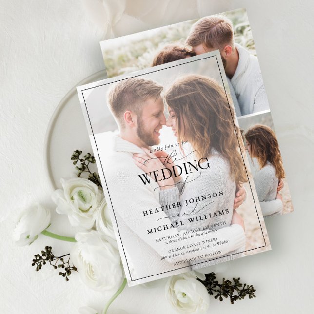 Modern Black White Calligraphy Faux Vellum 4 Photo Inbjudningar (Skapare uppladdad)