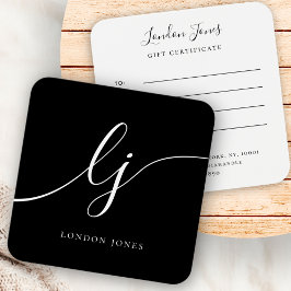 Modern Black White Calligraphy Gift Certificate Fyrkantigt Visitkort